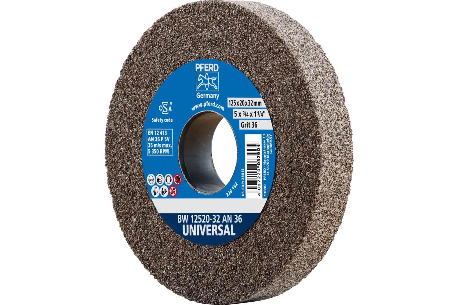 Picture of Pferd Vitrified Bench Wheel, Universal, 5" X 3/4 X 1-1/4, 36 Grit, Aluminum Oxide